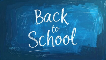 White "Back to School" text on blue chalk board. Smudges give chalkboard effect. Education themed image for school related graphics