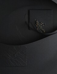 Minimalist composition Dried sprig atop two dark stone squares over black paper with flowing, sculpted shapes and subtle surface textures