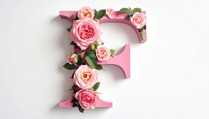 Pink letter "F" is adorned with beautiful roses and leaves, casting a soft shadow against a white backdrop