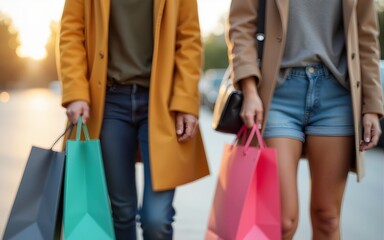 Close-up of two women carrying shopping bags. High quality