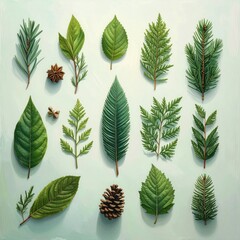 An array of diverse, green botanical specimens ? leaves and pine, scattered on a light turquoise background in a neat, artful arrangement