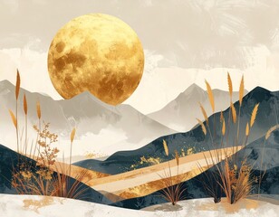 Dreamy landscape with stylized mountains, feathery grasses, and a golden moon in a soft, painterly aesthetic on a creamy, muted background