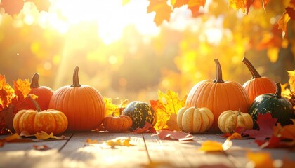 Festive autumn scene featuring pumpkins and colorful leaves on a weathered wooden surface, backlit by the warm glow of sunlight