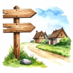 A quaint, painted village scene featuring a wooden direction sign, pathway, and small houses under a bright sky