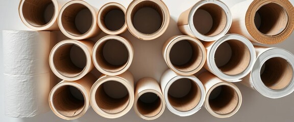Empty cardboard toilet paper rolls in a row, cut-out design,  product,  design