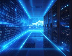 Futuristic server room transitioning into a serene cloudscape. Bright blue neon lights accentuate binary code and equipment. Data flowing to sky