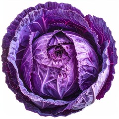 A vibrant purple cabbage, its textured leaves spiraling inward, isolated against a white background, showcasing intricate details and color