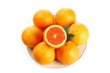 Fresh Gannan Blood Oranges on Wooden Plate White Background - Healthy Citrus Fruit Display