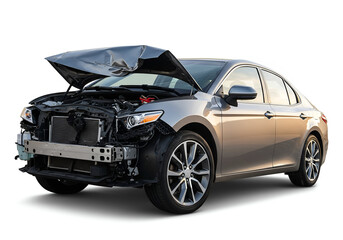 Damaged vehicle with a crushed hood and missing bumper components requires repair after an unfortunate incident causing significant front-end damage on a white backdrop.