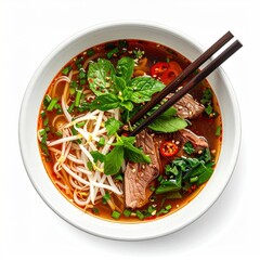 Overhead shot of a bowl filled with Asian soup, containing noodles, beef, herbs, vegetables, and broth, accompanied by wooden chopsticks