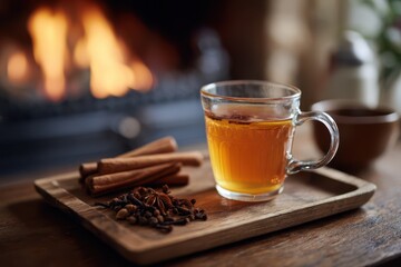Glass mug of hot spiced tea with cinnamon sticks and cloves on a wooden tray in front of a warm fireplace creating a cozy autumn atmosphere