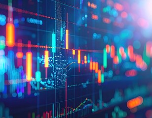Blurred closeup of a financial chart with red and green candle sticks, with bright bokeh lights on a dark blue background