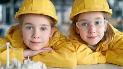 Two children in yellow helmets engaged in engineering tasks, showcasing curiosity and creativity in a playful way.