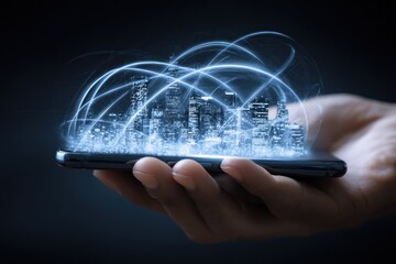 Glowing city skyline perched on a dark hand, connected by streaks of light suggesting connection and modernity, against a blurred, dark background