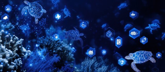 An underwater scene in deep blue, with ethereal coral, swimming turtle outlines and floating hexagonal icons, evoking a digital and ecological blend
