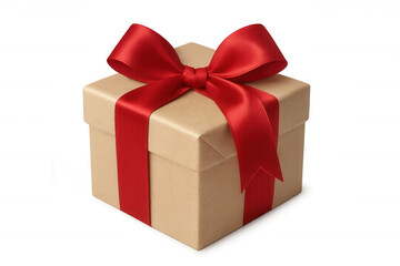 Present box wrapped in brown paper with a red satin ribbon tied in a bow, symbolizing celebration and surprise
