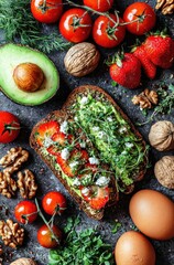 Overhead shot of two slices of toast topped with avocado, strawberries and greens on a dark background, surrounded by produce and eggs