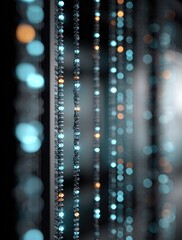 Abstract vertical strands with glowing, blurred orbs of light, primarily teal, with occasional warm orange lights, set against a blurred dark background