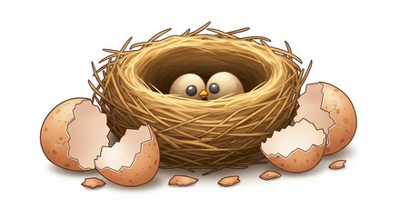 Birds nest with broken eggs