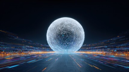 Textured orb hovers over a path of light streaks, conveying technological advancement against a dark backdrop