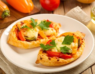 Two mini pizzas with peppers and cheese on a plate
