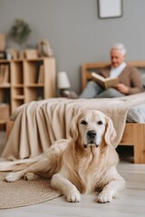 Golden retriever lies foreground, relaxed, on a rug. An elderly man reads in bed, blurred, in the background. Soft light fills a cozy, neutral-toned room
