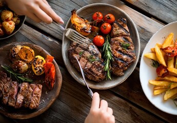 Overhead view of three plates of grilled steak, potatoes, tomatoes, and rosemary on a rustic wooden table, being cut by hands with silverware