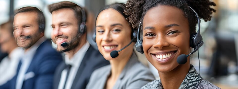 Smiling diverse customer service representatives with headsets in a bright office setting
