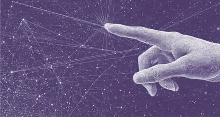 Hand extends into a network of interconnected nodes against a purple gradient background, creating a sense of connection and exploration