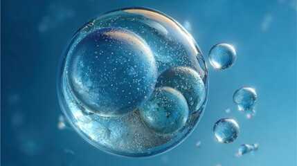 A group of transparent bubbles with a blue tint, some containing smaller spheres within, against a soft blue gradient backdrop