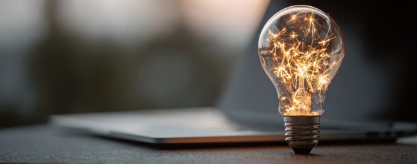 A lightbulb illuminates, wires glowing brightly inside, placed beside a laptop on a dark surface, against a blurred background