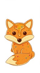 Fototapeta premium Cute cartoon fox shaped like a pancake topped with colorful sprinkles and syrup, presented against a plain white background.