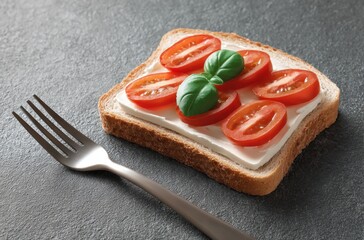 Open-faced sandwich white bread spread with cream cheese, topped with tomato slices, basil, and a fork on a gray surface