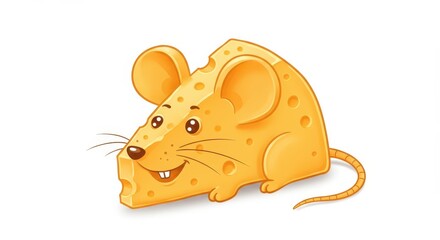A cheerful, cartoon mouse shaped like a wedge of cheese sits, smiling, against a plain white background.