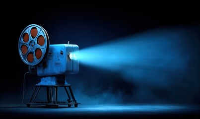 A vintage blue movie projector with film reel and bright light beam, against a dark background with subtle smoke effect