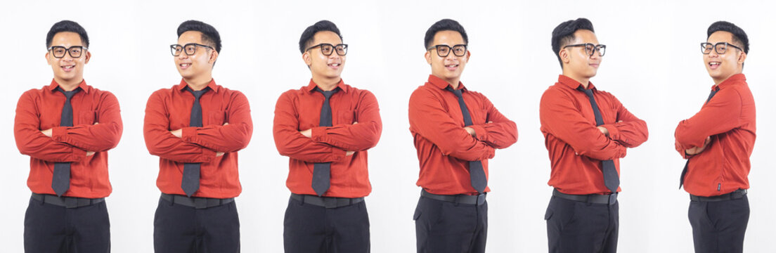 Set collection or collage of Asian male office worker in formal shirt crossed arms isolated on transparent background