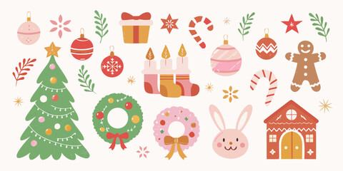 Fototapeta premium Cute christmas and winter holiday elements collection with tree ornaments wreaths and gingerbread man