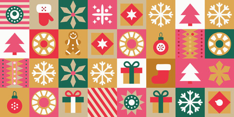 Retro christmas pattern with festive icons including snowflakes ornaments gifts and trees