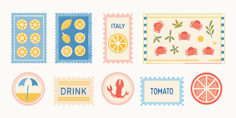 Collection of cute colorful and whimsical illustrated stamps featuring citrus fruits italian themes seafood and summer vacation elements