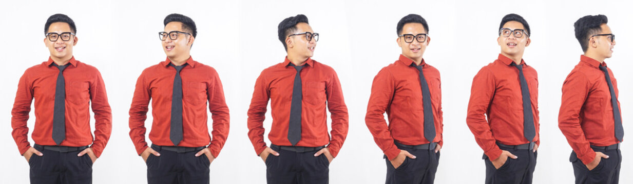 Set collection or collage of Asian male office worker businessman isolated on transparent background