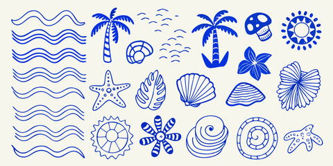 Collection of blue hand drawn tropical beach elements including palm trees seashells starfish waves and sun