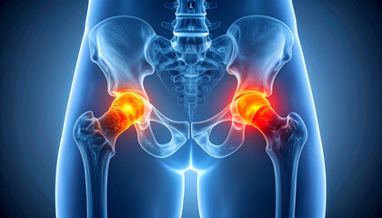 Hip Pain and Arthritis: A Visual Guide to Joint Inflammation,Human Hip Joint Anatomy with Pain Indication in Red and Orange
