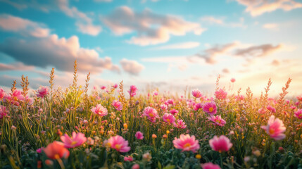 Obraz premium Fresh real daisy flowers, blossoms, growing in meadow grass on a warm sunny spring summer