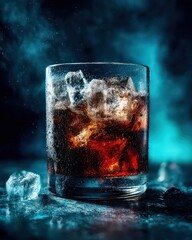 Dark Cocktail Glass with Ice and Sparkling Drink