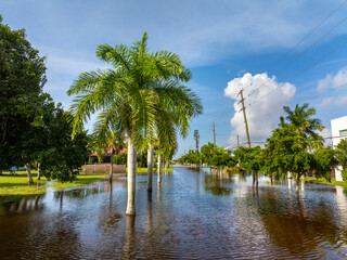 Hurricane flooded homes in residential community in Florida, USA. Aftermath of natural disaster