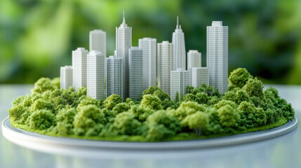 miniature cityscape showcases tall, white buildings  vibrant greenery with nature
