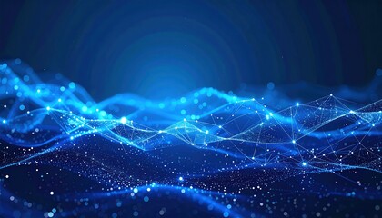 Abstract visualization of glowing blue interconnected lines and dots forming an undulating network against a graduated darker blue background