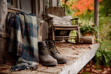 Fototapeta premium Pair of rugged leather boots on a weathered wooden porch beside a plaid blanket and rustic chair, surrounded by autumn foliage and cozy cabin atmosphere