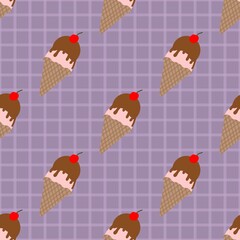 Seamless Ice Cream Cone Pattern with Chocolate Topping and Cherry on Purple Plaid Background for Summer Dessert Design and Cute Digital Art
