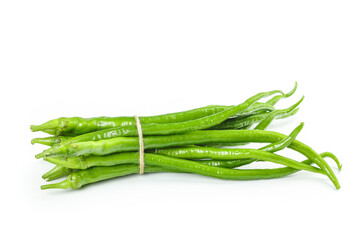 Freshly Picked Green Chili Peppers Bundle Tied with Thread on White Background